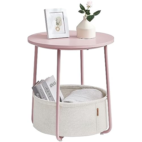 VASAGLE Small Round Side End Table, Small Nightstand with Fabric Basket