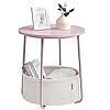 VASAGLE End Table Small Bedside Table with Fabric Basket Modern Nightstand Round Side Table for Living Room Bedroom Jelly Pink and Cream White ULET223R61