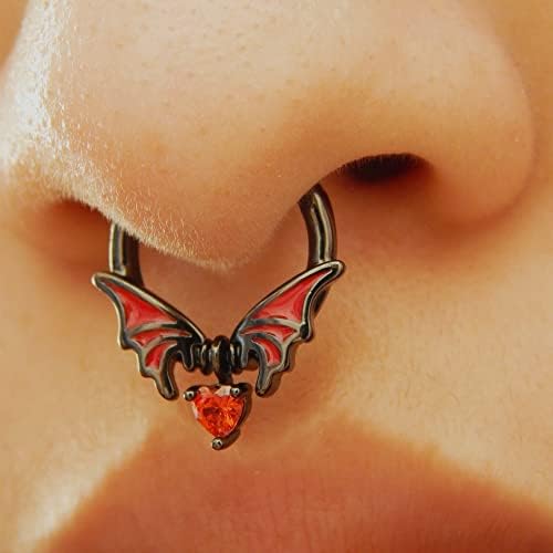 Melighting 16G Bat Septum Ring Cartilage Hoops Hinged Segment Ring 316L Surgical Steel Helix Earrings Daith Conch Hoops Dangle Heart Septum Piercing Jewellery for Halloween
