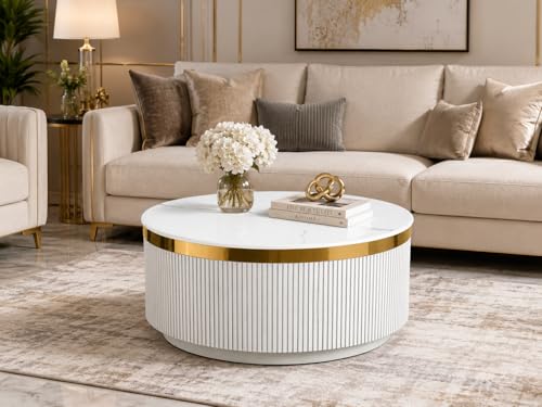 Image of Modern Round Centre Table - 76x76x46 cm | White Marble Top with Gold Accent Strip & Charcoal Louvers | Luxury Coffee & Tea Table for Living Room, Lounge & Entryway (White)