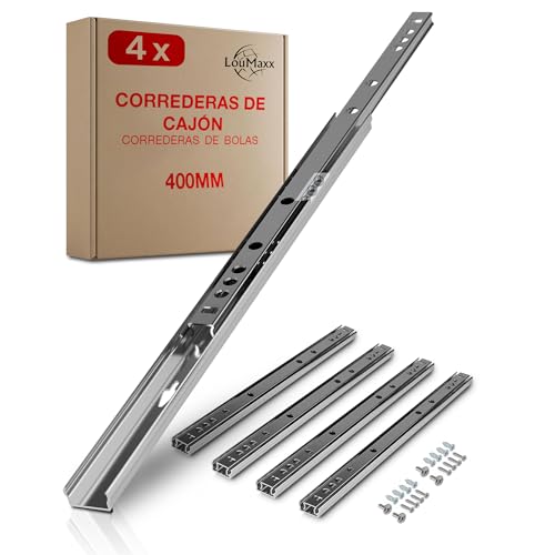 LouMaxx Juego de 4 rieles para cajones con ranura de 27 mm, rieles de mm, sistema de rieles para cajones con extracción parcial para ranura de 27 mm (L = 400 mm, 4, Unidad)