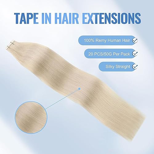 Image of Sixstarhair Invisible Tape In Hair Extensions Real Human Hair Platinum Blonde Remy Tape Hair Extensions for Woman 20 Pieces 50g[Color #60A 18 inch]