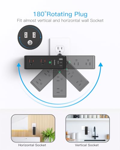 Image of Surge Protector Outlet Extender with Rotating Plug, 6 AC Multi Plug Outlet with 3 USB Ports (2 USB C), 1800J Wall Charger Swivel Power Adapter with Spaced Outlet Splitter for Home Office Dorm, Black