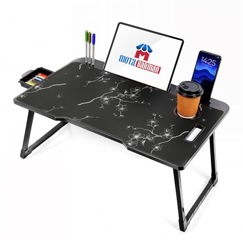 Image of Foldable Wooden Laptop Bed Tray Table, Multifunction Lap Tablet Desk with Cup Holder, for Eating Breakfast, Reading Book, Working, Watching Movie on Bed (Flower)