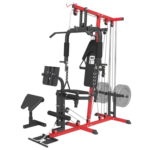 Home Gym Workout Station, Multifunctional Home Gym System with Leg Extension, Leg Press, Preacher Curl and Full Body Exercise Accessories, Plate Loaded Strength Training Machine