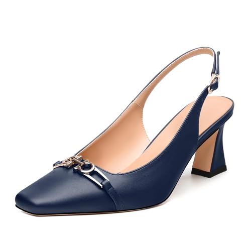 Womens Pumps, Small Square Toe Mid Small Block Heel Slingback Pumps for Women, Leather Insole Dress Pumps with Metal Buckle for Working 2.5