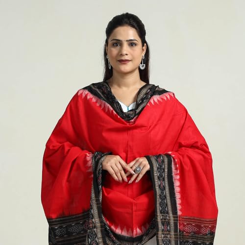 Image of Cotton Dupatta with weaving and Ikat woven border from the Weavers Stole for Girls & Women