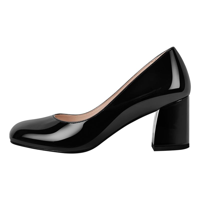 Damen Pumps Blockabsatz Klassische Damenschuhe | Runde Schlupfschuhe mit Geschlossener Zehenpartie, Chunky Heels Slip on, Lackoptik, für Büro Business, Hochzeit, Alltag