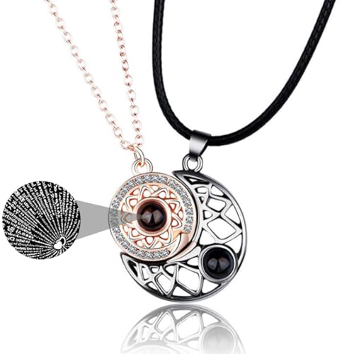 WUSJCOF Lot de 2 colliers amitié soleil et lune, pendentif magnétique, projection couple, collier, fête des mères, je t'aime, collier clavicule pour amis...