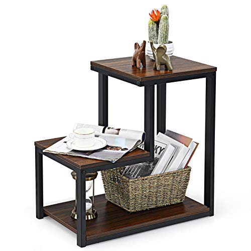 Tangkula 3-Tier Sofa Side Table, Nightstand with Storage Shelf, Sturdy Metal Frame, Ladder-Shaped Chair Side Table, Brown Tabletop Storage Shelf for Living Room or Bedroom (Brown)