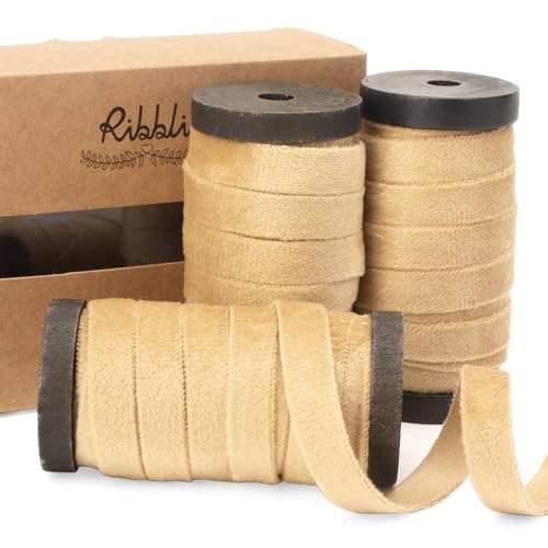 Ribbli Champagne Gold Velvet Ribbon 3 Rolls Double Faced 3/8 Inch 18-Yard with Wooden Spool Use for Christmas Tree Ornaments Gift Wrapping Wreath Decoration Wedding Boutonnieres
