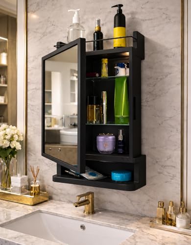 Image of CIPLA PLAST Rich Look Plastic Wall-Mounted Bathroom Mirror Cabinet with Storage Shelves, Single Door, Bathroom Mirror Cabinet with Towel Holder | (Black)