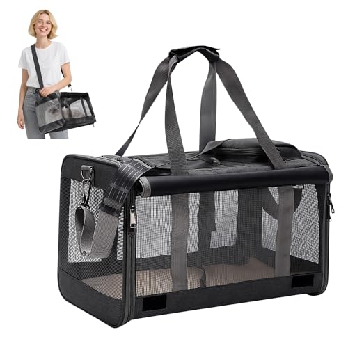 ALLSOPETS Trasportino Pieghevole per Gatti e Cani Fino a 9 kg, Borsa Morbida Traspirante con Tappetino Lavabile e Tracolla, per Viaggi Auto Aereo e Visite Veterinarie (Nero Classico)