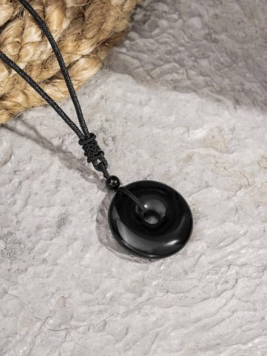MINACHI Black Obsidian Geometric O Ring Circle Pendant Necklace with Braided Cord, Protective Amulet Jewelry Gift for Men and Women3