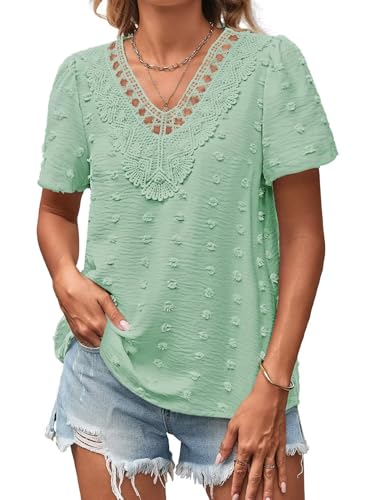 Falechay Going Out Tops for Women V Neck Summer Blouse Short Sleeve Tunic Tops Light Green Peasant Flowy Shirts Dot Babydoll Lace Tassel Swiss Boho Work Fashion 2026 Ruffle Spring Clothing M