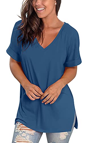 Image of Sampeel Women's V Neck T Shirts Casual Rolled Short Sleeve Side Split Summer Tops Loose Fit