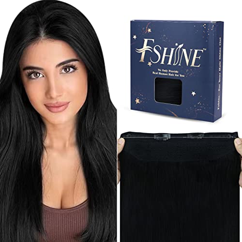 Fshine Extensions Echthaar Mit Draht 35cm/14Zoll Tiefschwarz Secret Wire Echthaar Extensions Mit Clips Glattes Echthaar Straight One Piece Haarverlangerung Fish Line Hair Extensions 70 Gramm Cover
