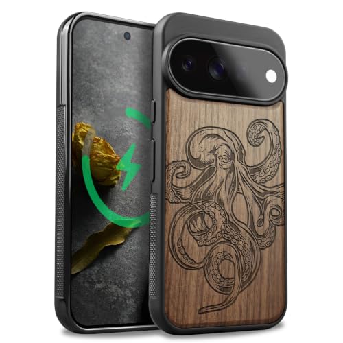 Cadeau Idéal : Coque Pixel 11 Pro XL en Bois Gravé Poulpe Unique et Magsafe