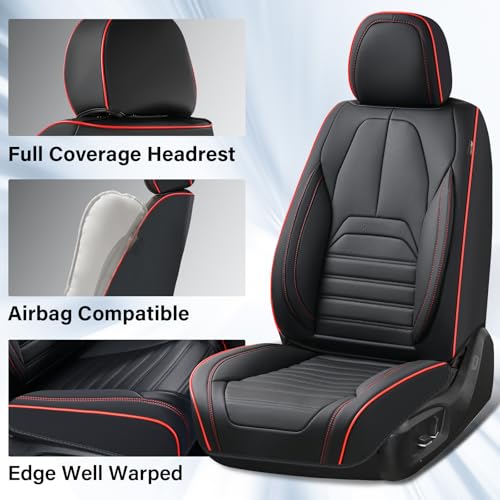 Image of Coverado Car Seat Covers Full Set, Black Redline Seat Covers for Cars, Automotive Seat Covers, Waterproof Nappa Leather Front Seats and Back Car Seat Protector, Universal Fit for Most Cars SUV Trucks