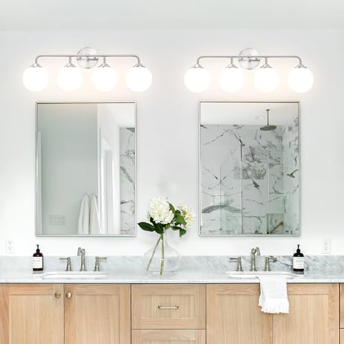 Image of Modern 4-Lights Brushed Nickel Vanity Lights Over Mirror, Bathroom Lighting Fixtures with Milk White Globe Glass Shade, Industrial Bathroom Wall Sconce for Dressing Table Bedroom Living Room