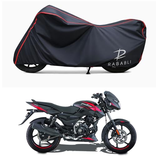 Image of Waterproof Bike Body Cover Compatible for | Bajaj Pulsar 150 BS6 | Taffeta Fabric, Red Piping Design, Bottom Elastic Fit | Dustproof, Sun UV & Rain Protection for All Bikes