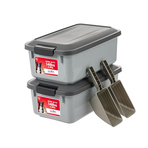 IRIS USA WeatherPro Airtight Pet Food Storage Container, Up to 14 lbs, Dog Cat Bird and Other Pet Food Storage Bin Keep Pests Out Translucent Body BPA Free Stackable, 2 Pack, Gray