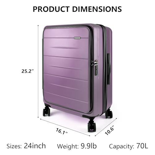 24-Inch Lightweight ABS Hardshell Suitcase - Checked Luggage with TSA Lock, 360° Silent Spinner Wheels, Top Opening & Cup Holder - Ideal for Business Travel Suitcase(Purple) 7