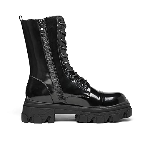 Image of DREAM PAIRS Women's Combat Boots Lace up Mid Calf Boots Low Heel Chunky Platform Lug Sole Riding Boots
