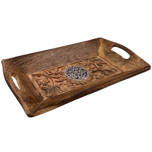 Diko.style® - Bandeja Vaciabolsillos Recibidor Madera Decorativa - Estilo Oriental con budas Decorativos, Elefante Suerte y más a Elegir Porta Chaves -25X15X4 cm (Árbol de la Vida)