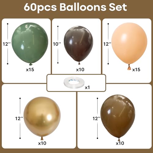 Image of 60 PCS Sage Green, Gold, Brown Latex Balloons - Woodland Camo Army Olive Green, Dark Brown, Coffee Nude Gold Party Balloons for Jungle Safari Woodland Hunting Birthday Decorations