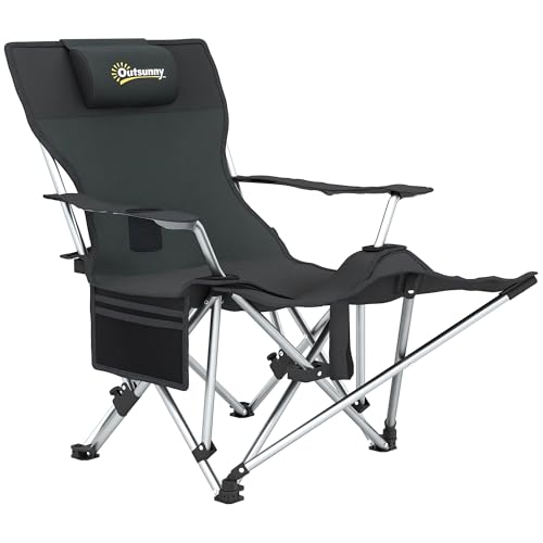 Outsunny Chaise de Camping Pliante, Fauteuil de pêche avec Repose-Pied Amovible, Appui-tête, Porte-gobelet et Sac de Transport, Chaise Longue pour extérieur...