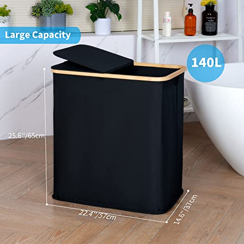 Efluky Double Laundry Hamper With Lid, Divided Laundry Hamper With Removable Bags, 2 Section Dirty Clothes Basket With Handles For Bathroom, Bedroom & Laundry Room, 140L Black #TOP4