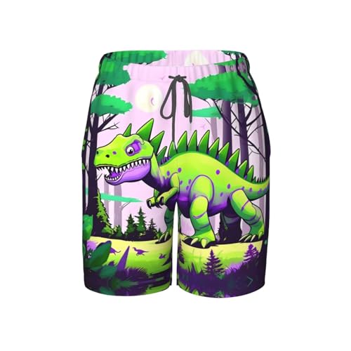 Green Dinosaur Youth Beach Pants, Soft and Breathable, with Drawstring Waist, Suitable for Sports and Leisure.