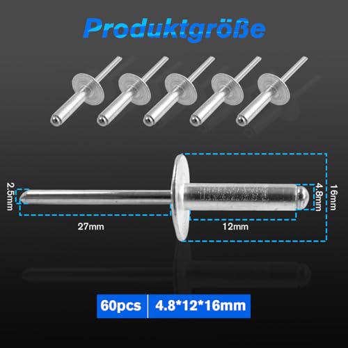 60 Stück Aluminium Blindnieten mit großem Flansch, Blindnieten Alu Nieten, Blindnieten Set, Blindnieten in Industrie-Qualität, 60er-Pack (Silber) (4.8mm × 12mm)