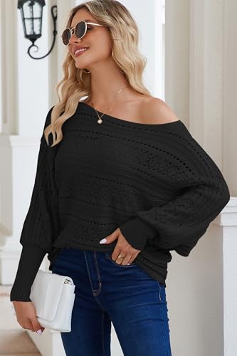 Image of Cakulo Womens Off Shoulder Sweater Top Fall Outfits Fashion 2025 Oversized Knit Batwing Long Sleeve Crochet Pullover Sweaters