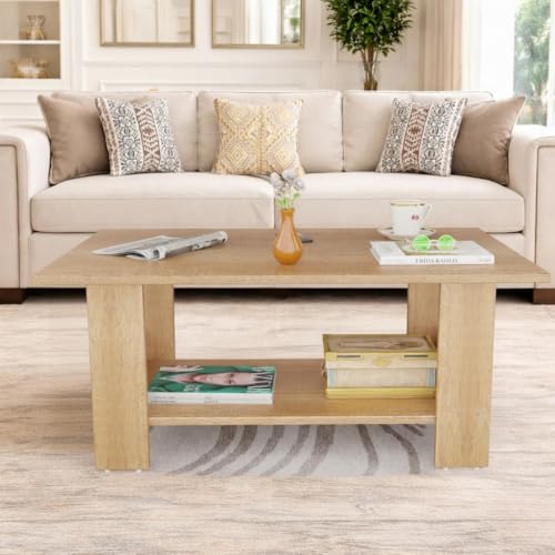 Image of Spyder Craft Modern Coffee Table with Open Storage Shelf - Minimalist Rectangular Center Table for Living Room, Office, and Lounge - Durable Engineered Wood, Easy Assembly (Oak) (Assembly -DIY)