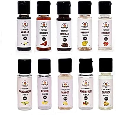 Bakefrillz Food Essence | Pack of 10 (30 ml x 10) - Vanilla, Strawberry, Butterscotch, Pineapple, Chocolate, Mango, Mix Fruit, Cardamom, Lemon & Orange Flavours