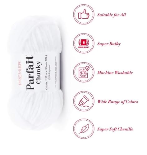 Image of Premier Yarns Parfait Chunky Chenille 3.5 Oz 6 Super Bulky Weight 3 Pack Bundle with Bella's Stitch Place Holders (White)