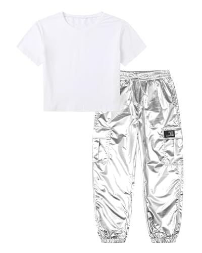 Image of Betusline Girls 2 Piece Summer Outfits,Kids Casual Short Sleeve Crop Top & Cargo Jogger Pants Sets,4T-14Y