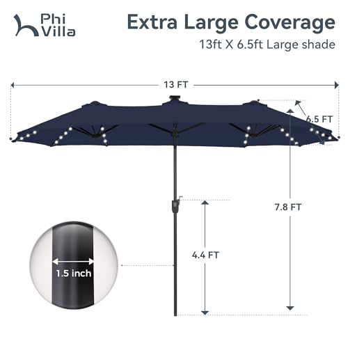 PHI VILLA 13ft Patio Umbrella with Solar-Powered 120 PCS LED Color-Changing Lights, Triple-Head Large Rectangle Umbrella Outdoor Patio for Table with Crank Lift,Navy Blue(No Base) by PHI VILLA - Image 7
