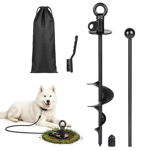 SWAWIS Piquet d'attache pour Chien Noir 38cm avec Anneau Rotatif à 360°, pour Chiens Pesant Moins de 100kg, avec Brosse de Nettoyage et Levier, pour Camping...