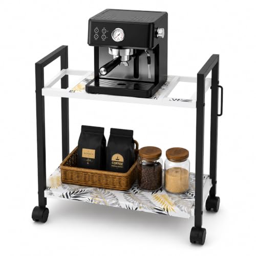 Image of ROHC Coffee Machine Stand with Wheels | Heavy Duty Metal Coffee Station Cart with Storage Shelf | Rolling Table for Home, Office & Cafe | Kitchen Utility Trolley | Black & White