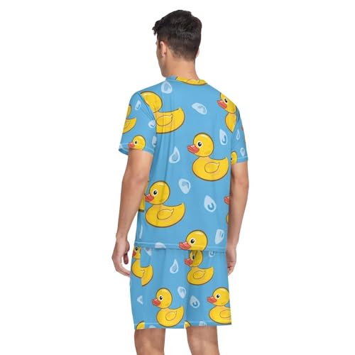 Men's Pajama Set Yellow Ducks Blue Background Short Sleeve with Shorts Pockets Sleepwear Set Summer Loungewear2