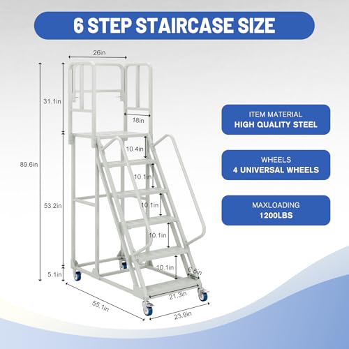Image of 6 Step Rolling Ladder with Handrails, Industrial & Warehouse Stairs with Wheels, 1200LBs Capacity Non-Slip Platform Ladder for Garage, Library, Supermarket, 23.9 inch L X 55.1 inch W X 89.6 inch H