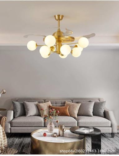 Image of HDC 12-Light Gold Frost Glass Ceiling Fan Chandelier - Modern Retractable Blade Fan with LED 3-Color Settings & Remote Control - Luxury Fan for Living Room, Hall & Bedroom (Bulb not Included)