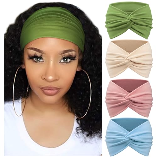 Image of DRESHOW 4 Pack Turban Headbands for Women Wide Vintage Head Wraps Knotted Cute Hair Band Accessories