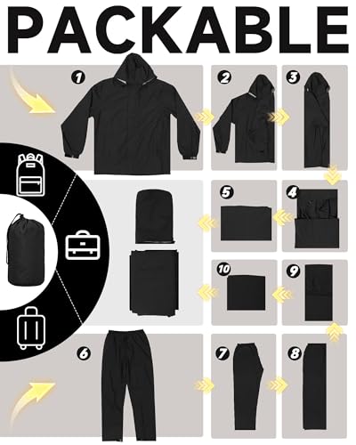 iCreek Rain Suit Waterproof Hooded Rain Gear Breathable Lightweight Packable Rain Jacket Pants Men Women for Hiking Fish Golf (Black, L)