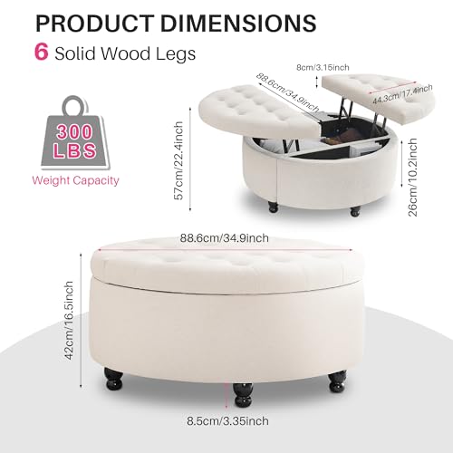 Redlifeᅟᅠ 00080+81 Redlife 35 Inch Wide Round Ottoman With Storage, Storage Ottoman Coffee Table, Tufted Round Ottoman Coffee Table Linen Fabric Round Coffee Table Ottoman thumb #1