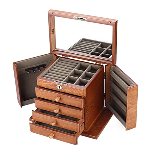 Boîte à bague bijoux en bois massif avec grand rangement à 5 couches