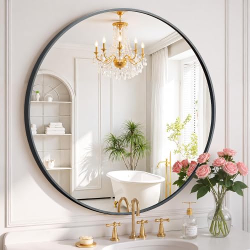 Image of Simple Deluxe 30 Inch Round Bathroom Mirror, Black Vanity Mirror with Metal Frame, Modern Circle for Bathroom, Entryway, Bedroom, Living Room, Wall Mounted Decorative Mirrors (Black)